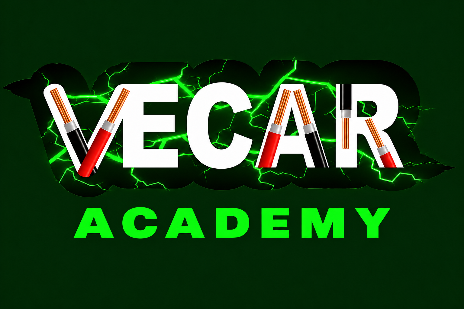 VECAR Academy logo with electrical wires and green flashes